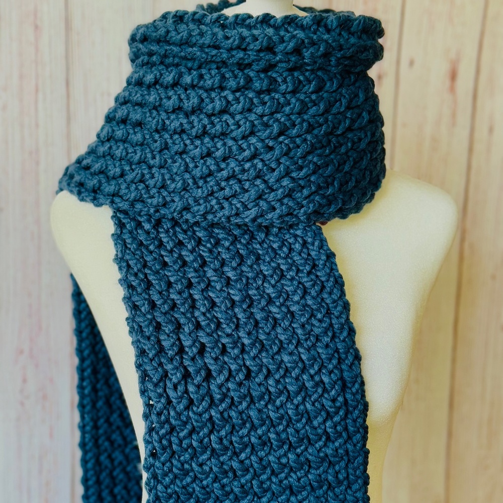 Blue Knit Chunky Long Scarf Wool Blend